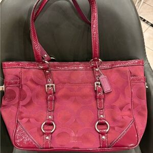 Coach Signature Op Art Maroon  Bag with patent leather trim